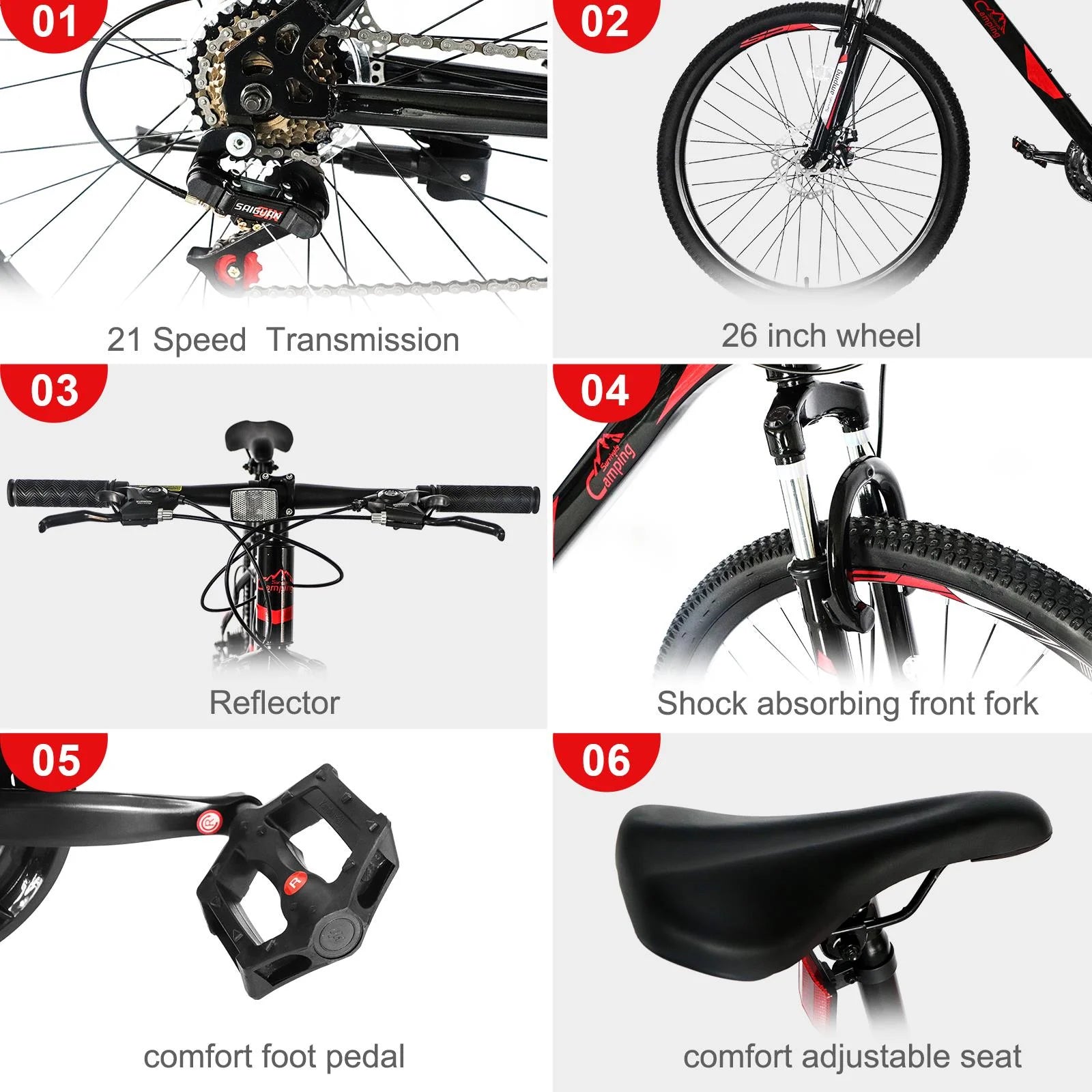 Ubesgoo 26" Lightweight Explorer Mountain Bike, 21 - Speed for Men and Women Disc Brakes & Suspension, Red/Black